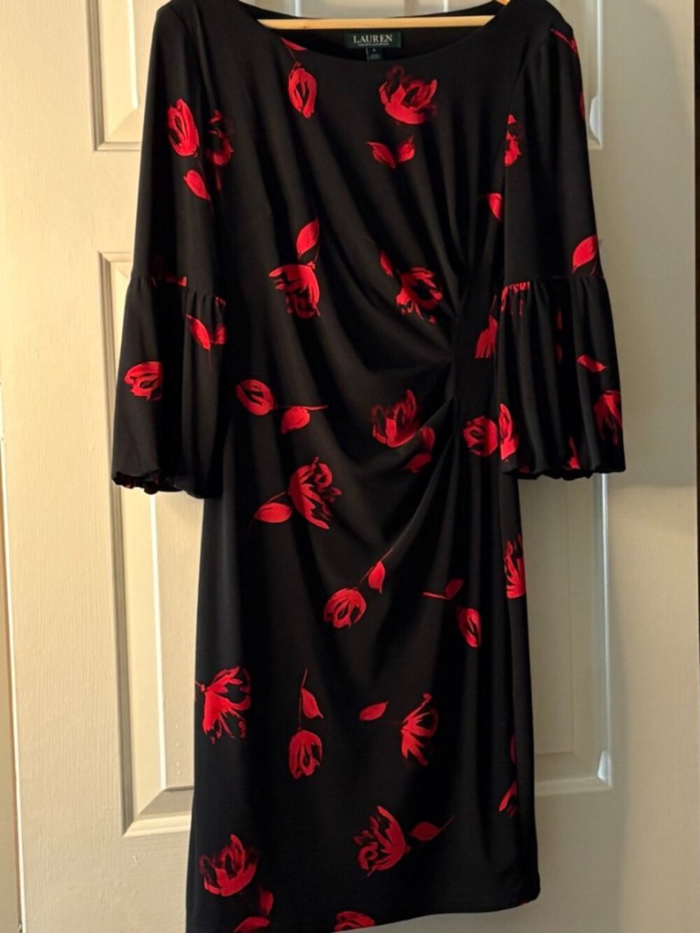 Lauren Ralph Lauren Black Red Floral Ruched Bell Sleeve Dress Size 6